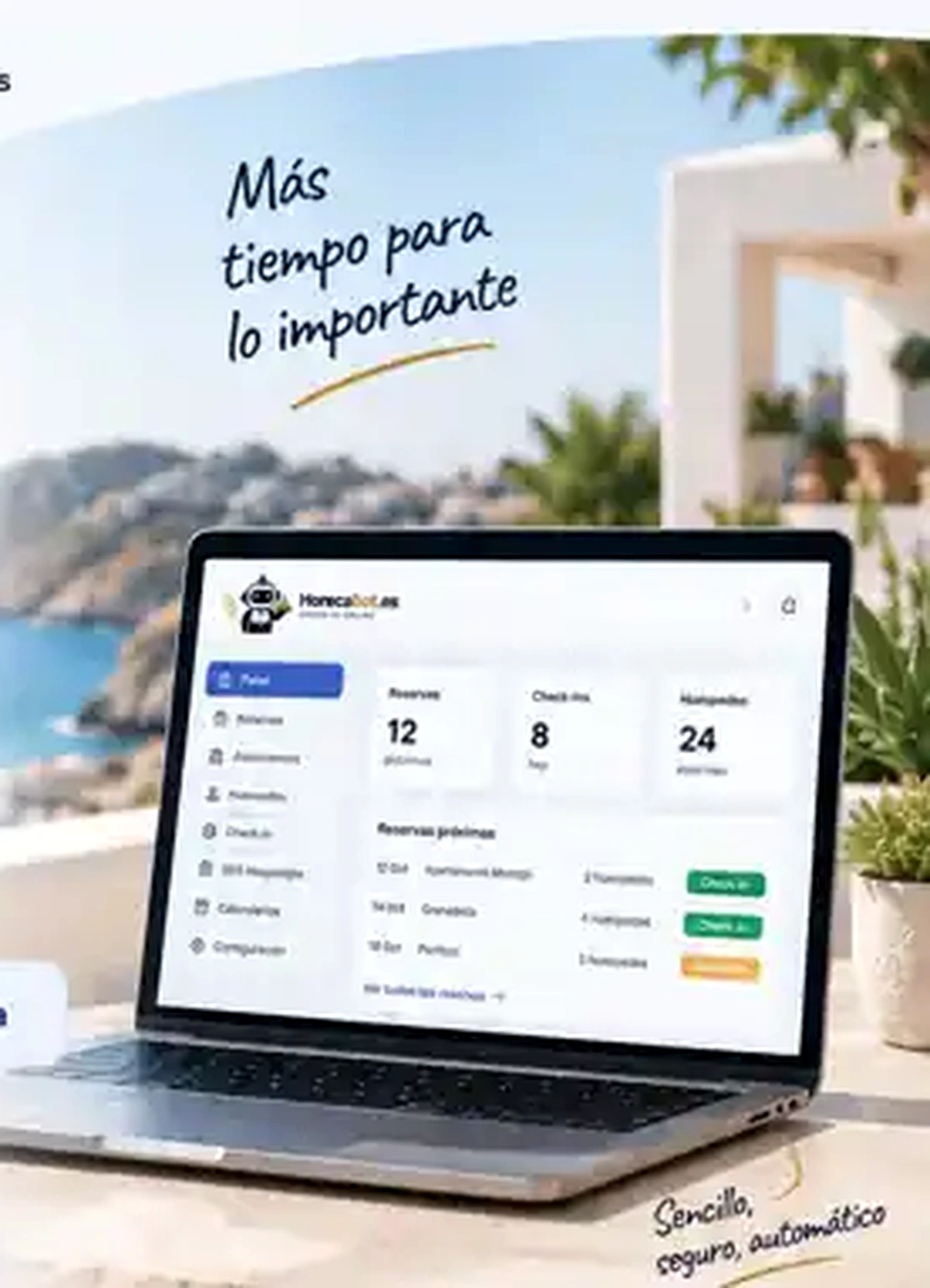 Panel HorecaBot Check-in en un portátil junto al mar